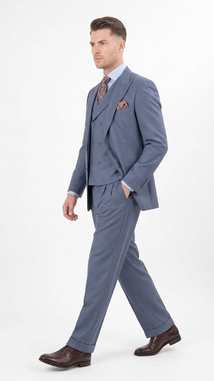 Mens Dusty Blue 3 Piece Suit 100% Wool Fabric – Classic Fit Wide Leg Pleated Pants Double Breasted Vest Formal Business Church Suit By Apollo King
