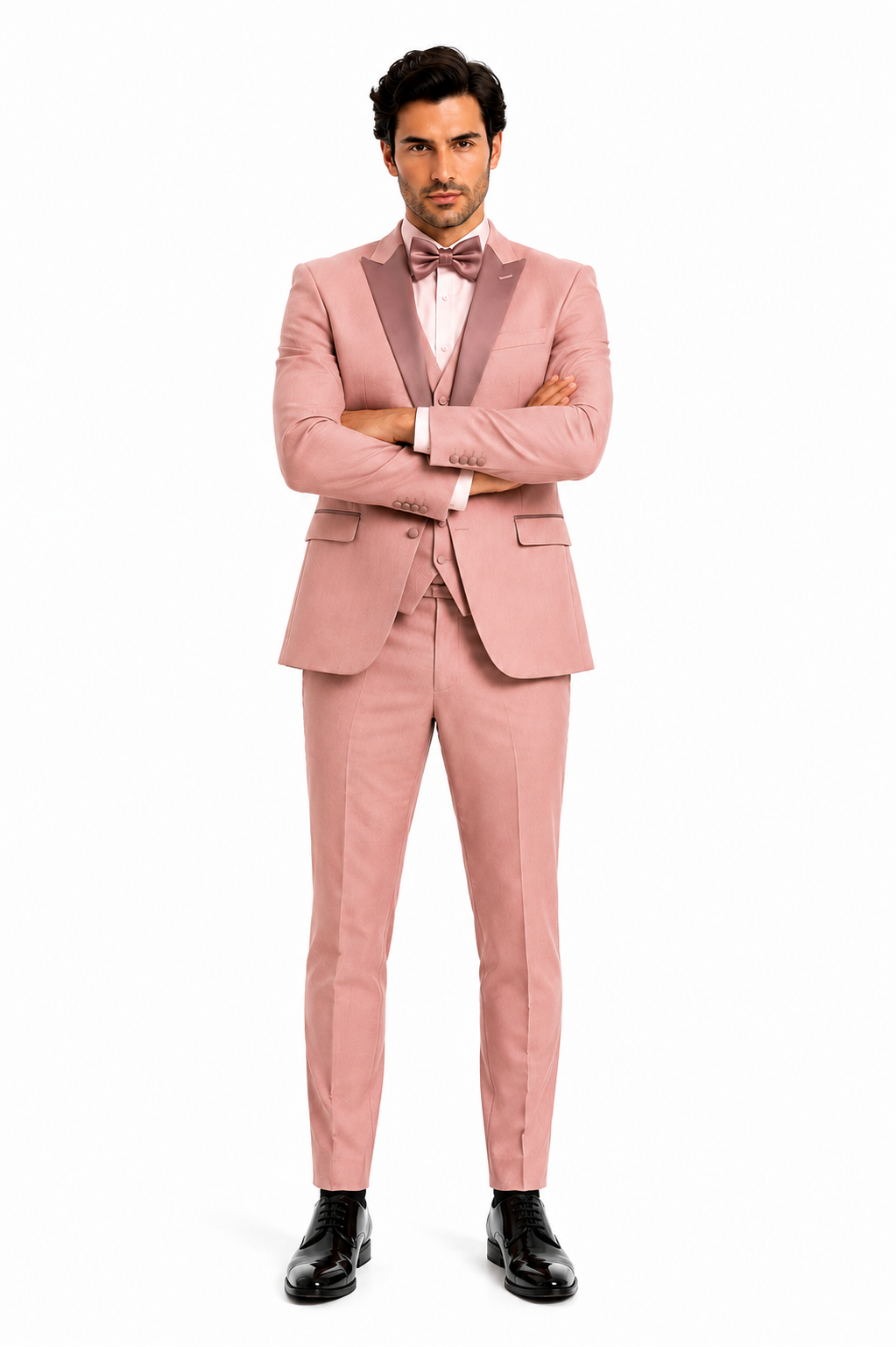 Mens Dusty Pink Three-Piece Slim Fit Tuxedo with Contrast Satin Lapel and Bow Tie