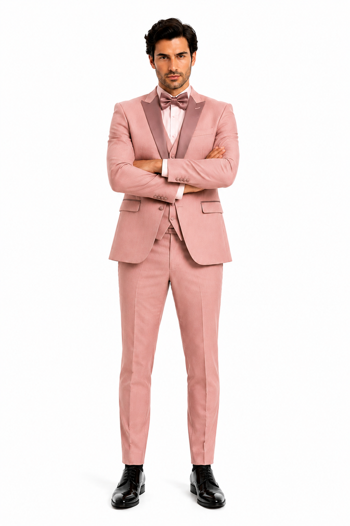 Mens Dusty Pink Three-Piece Slim Fit Tuxedo with Contrast Satin Lapel and Bow Tie