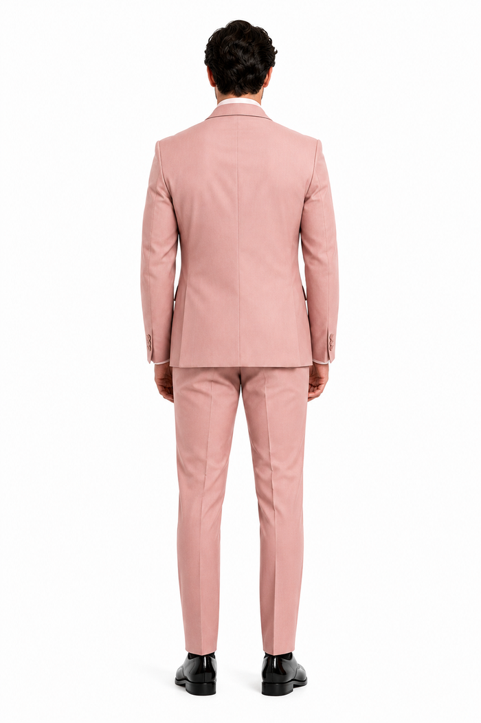 Mens Dusty Pink Three-Piece Slim Fit Tuxedo with Contrast Satin Lapel and Bow Tie