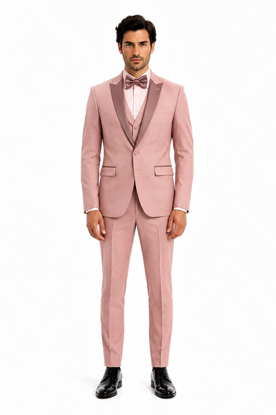 Mens Dusty Pink Three-Piece Slim Fit Tuxedo with Contrast Satin Lapel and Bow Tie