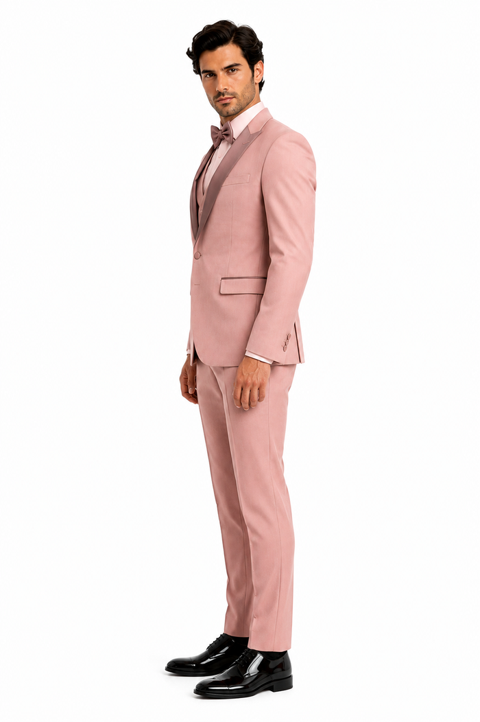 Mens Dusty Pink Three-Piece Slim Fit Tuxedo with Contrast Satin Lapel and Bow Tie