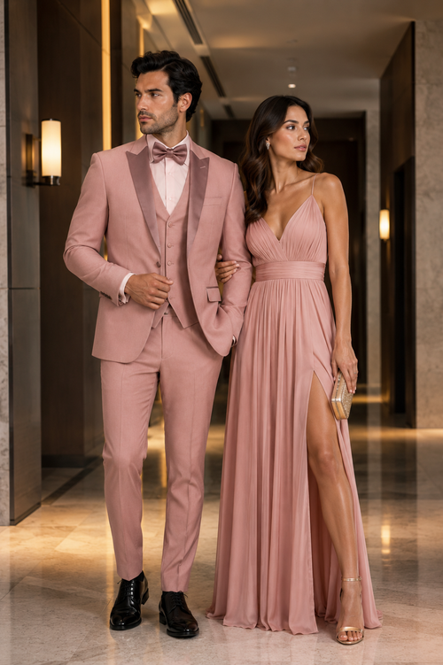 Mens Dusty Pink Three-Piece Slim Fit Tuxedo with Contrast Satin Lapel and Bow Tie