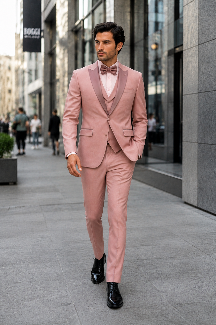 Mens Dusty Pink Three-Piece Slim Fit Tuxedo with Contrast Satin Lapel and Bow Tie