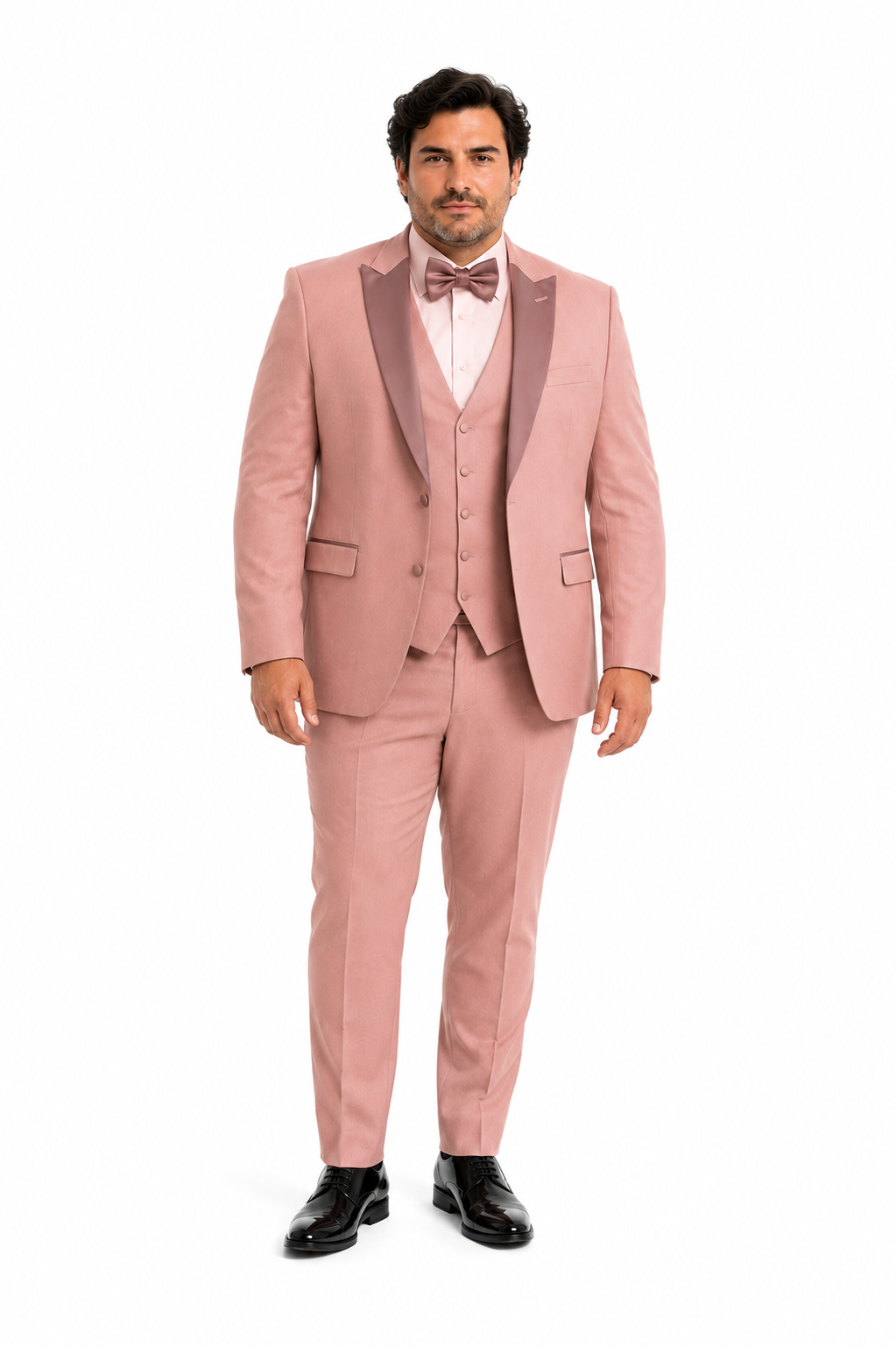 Mens Dusty Pink Three-Piece Slim Fit Tuxedo with Contrast Satin Lapel and Bow Tie