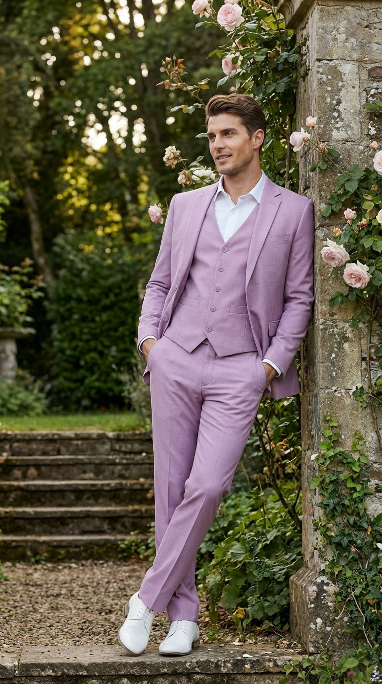 Mens Dusty Rose 3 Piece Suit Modern Pink Formal Suit Set for Wedding, Prom and Special Events Pinkish Color - 34 Short or Extra Small