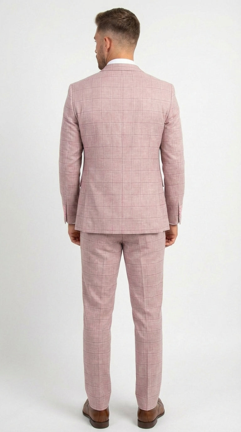 Mens Dusty Rose Three Piece Plaid Suit – Pink Check Wedding and Business Formal Suit Set Windowpane Pattern - 34 Short or Extra Small
