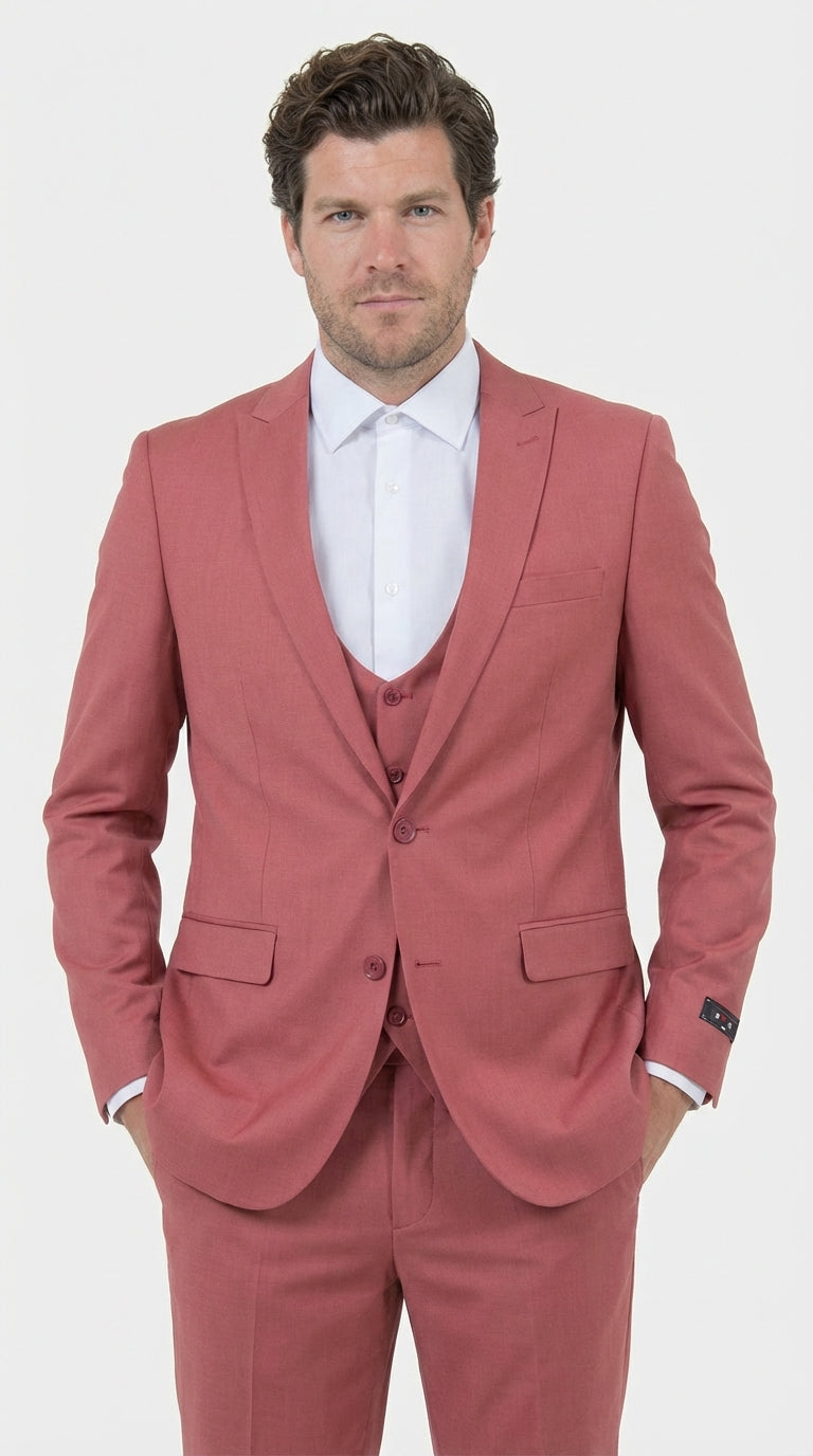 Mens Dusty Rose Three Piece Suit – Modern Formal 3PC Wedding and Prom Suit - Pink Coloe Modern Fit - 34 Short or Extra Small