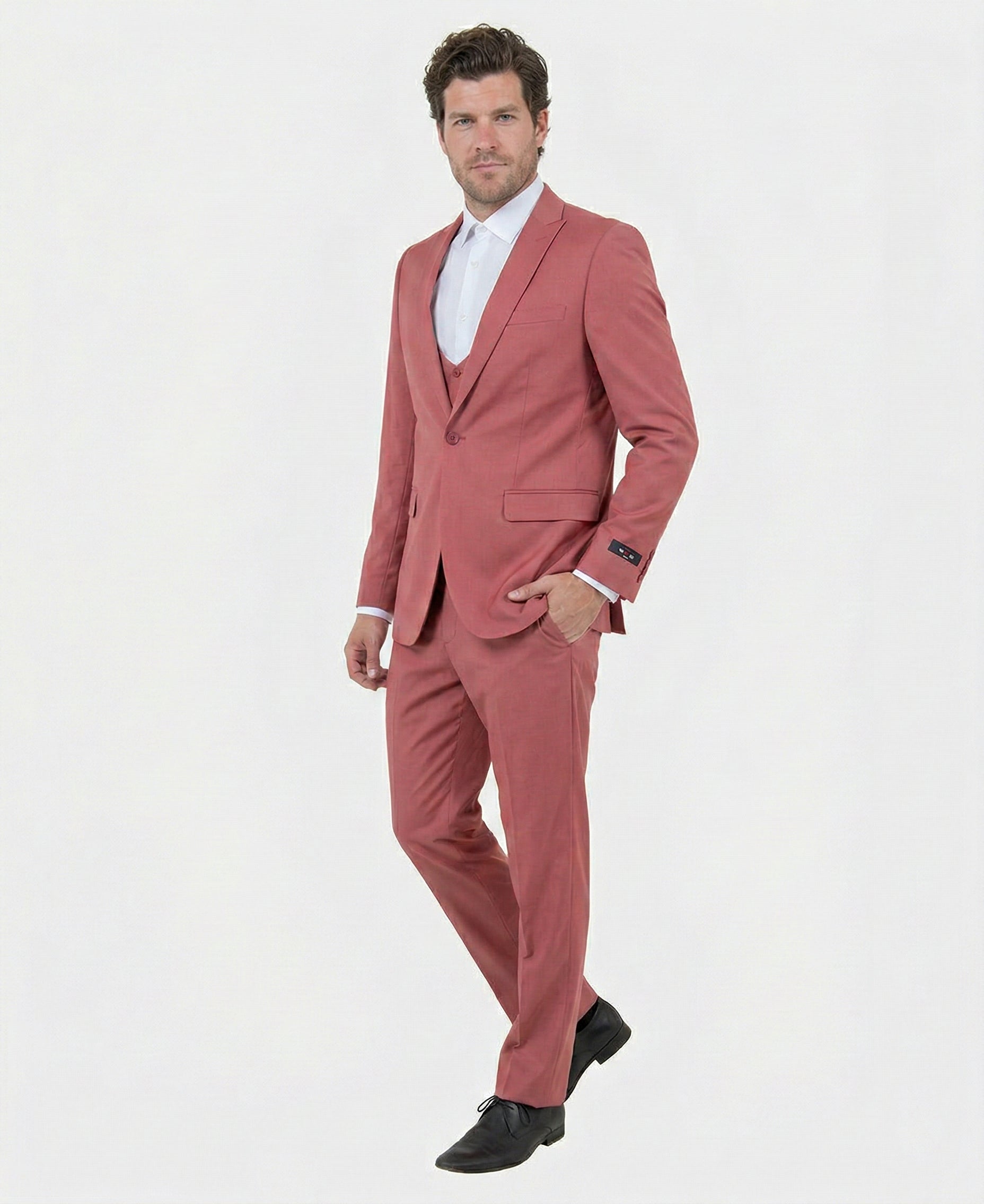 Mens Dusty Rose Three Piece Suit – Modern Formal 3PC Wedding and Prom Suit - Pink Coloe Modern Fit - 34 Short or Extra Small