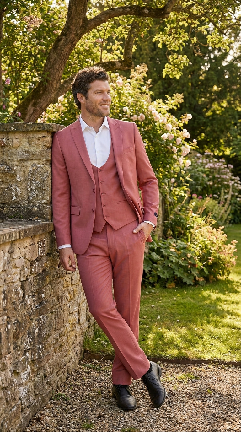 Mens Dusty Rose Three Piece Suit – Modern Formal 3PC Wedding and Prom Suit - Pink Coloe Modern Fit - 34 Short or Extra Small