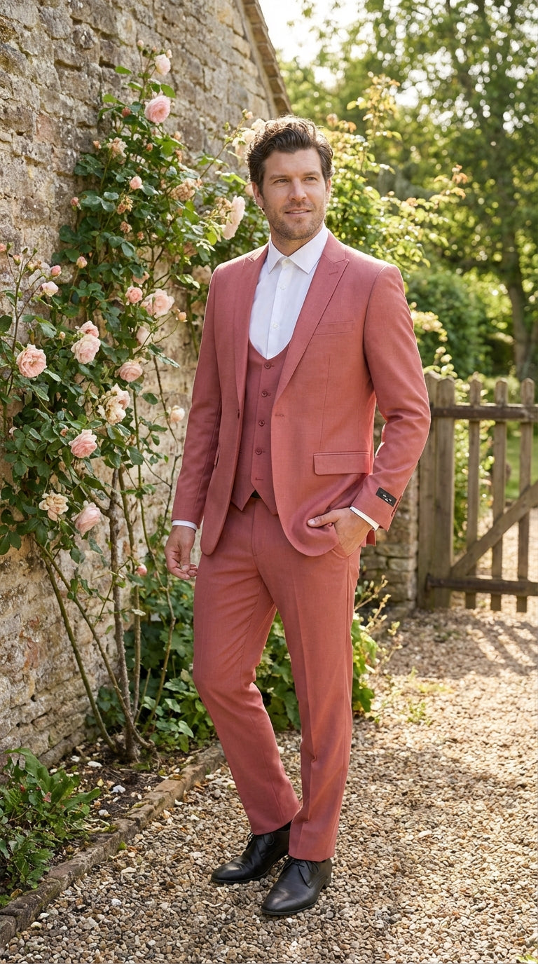 Mens Dusty Rose Three Piece Suit – Modern Formal 3PC Wedding and Prom Suit - Pink Coloe Modern Fit - 34 Short or Extra Small