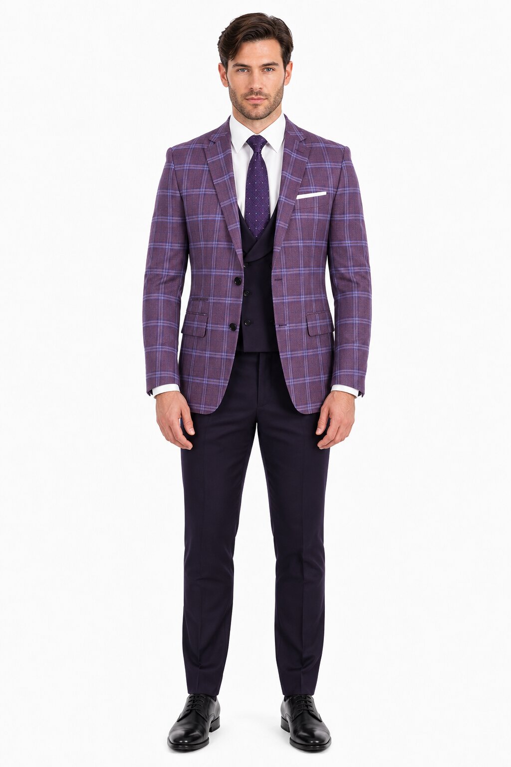 Mens 2 Button Suit with Low Cut Vest in Eggplant | Purple Plaid - 36 Short
