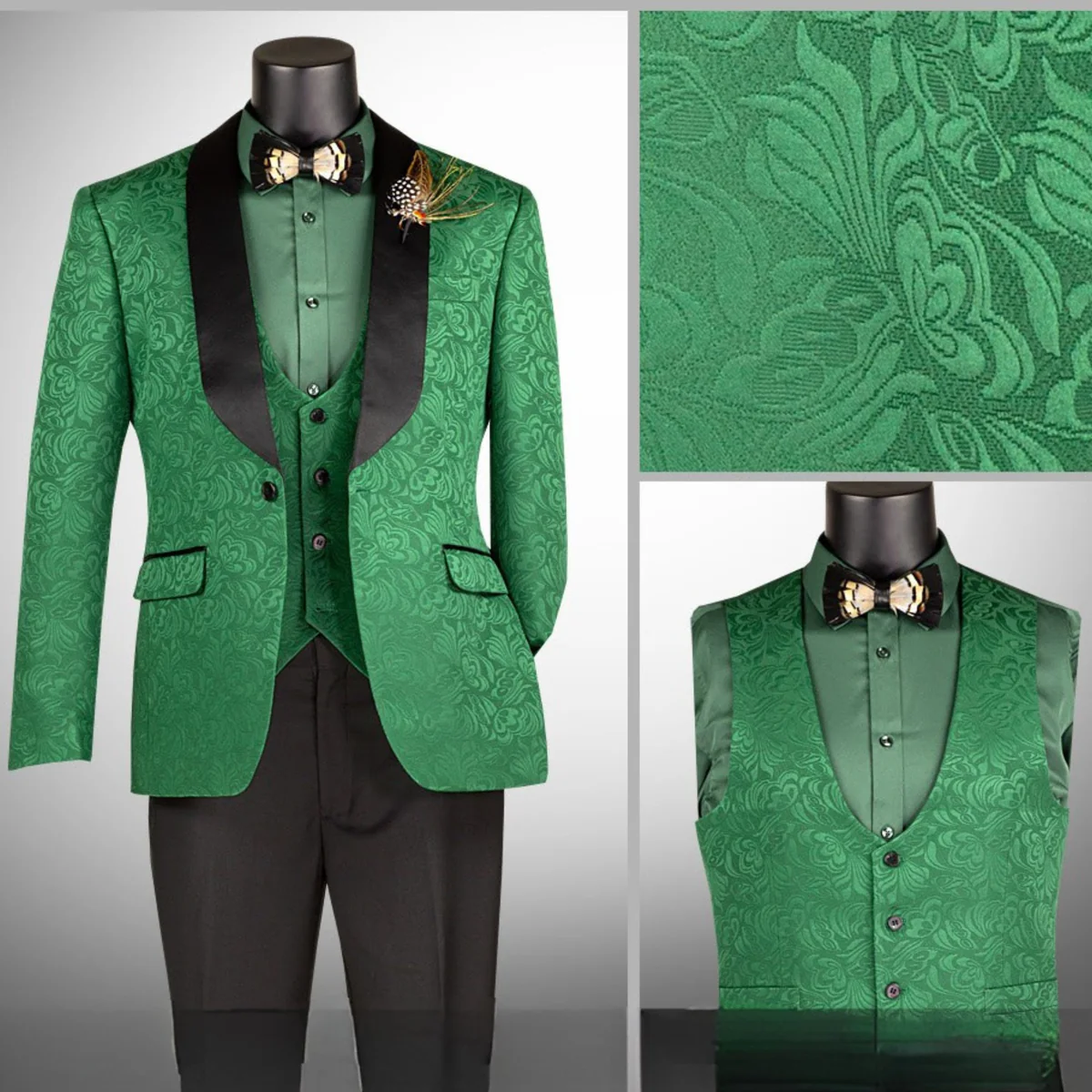 Mens Emerald Green Jacquard Tuxedo Suit - 34 Short or Extra Small