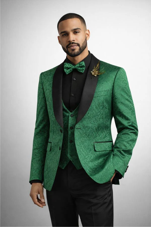 Mens Emerald Green Jacquard Tuxedo Suit - 34 Short or Extra Small