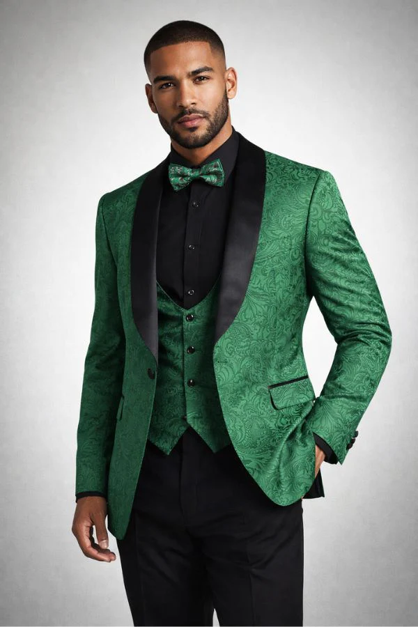 Mens Emerald Green Jacquard Tuxedo Suit - 34 Short or Extra Small