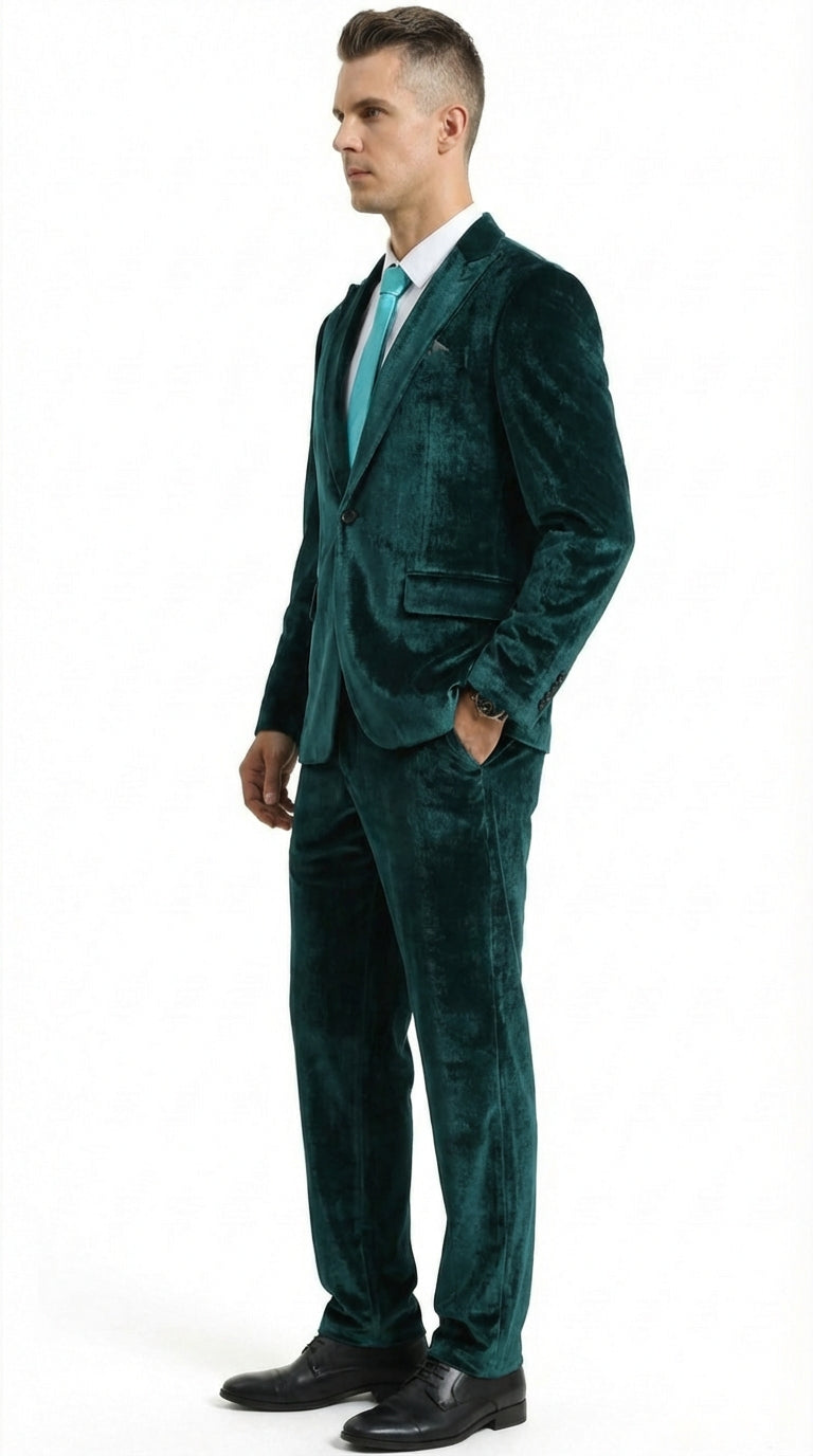 Mens Emerald Green Teal Blue Velvet Suit – Luxury Two Piece Formal Evening Suit - 34 Short or Extra Small
