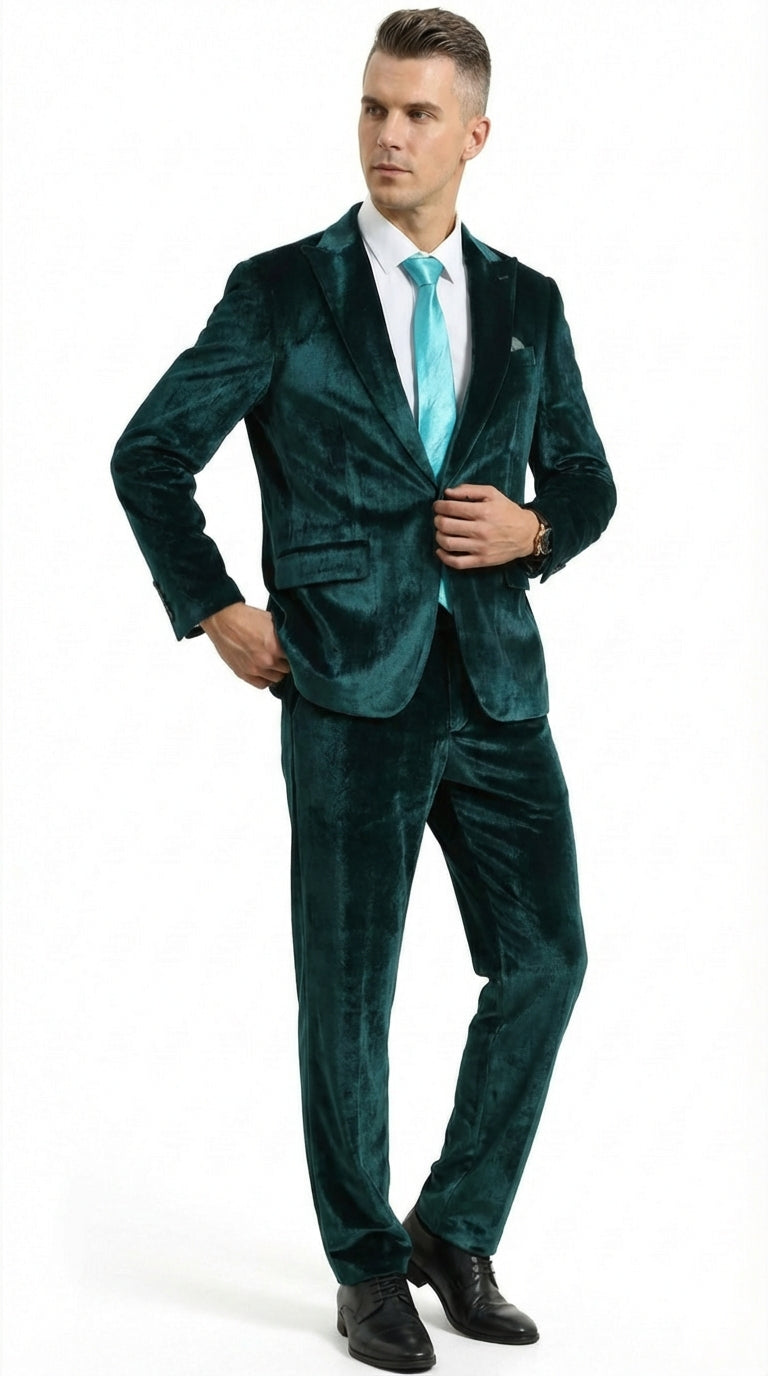 Mens Emerald Green Teal Blue Velvet Suit – Luxury Two Piece Formal Evening Suit - 34 Short or Extra Small