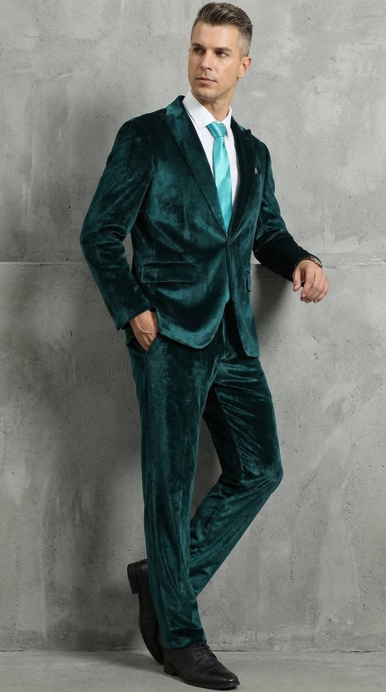 Mens Emerald Green Teal Blue Velvet Suit – Luxury Two Piece Formal Evening Suit - 34 Short or Extra Small