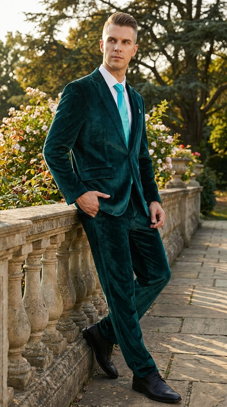 Mens Emerald Green Teal Blue Velvet Suit – Luxury Two Piece Formal Evening Suit - 34 Short or Extra Small