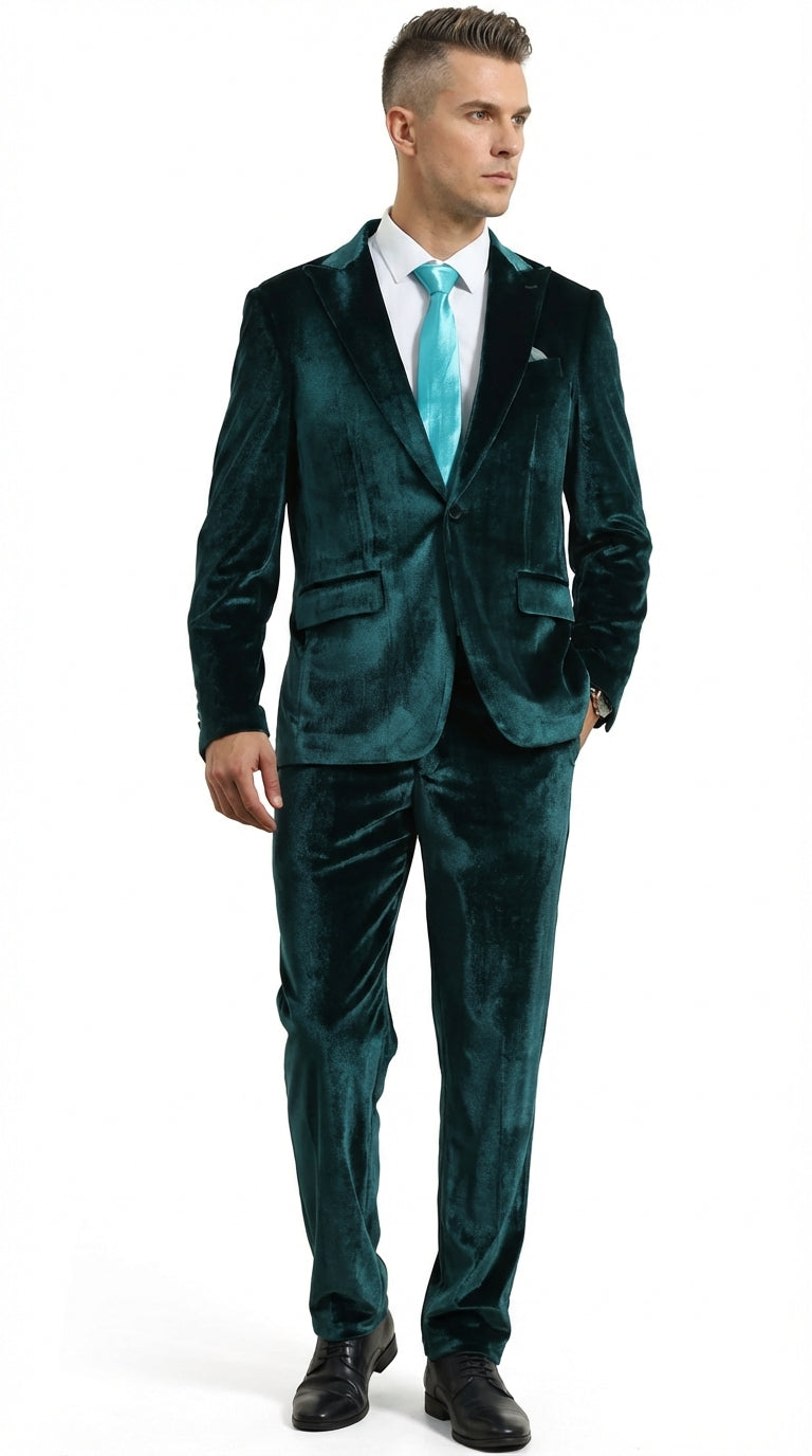 Mens Emerald Green Teal Blue Velvet Suit – Luxury Two Piece Formal Evening Suit - 34 Short or Extra Small