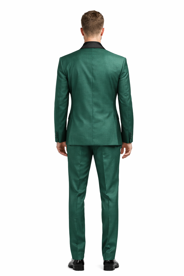 Mens Emerald Green Tuxedo with Black Satin Shawl Lapel 3 Piece Formal Suit with Vest-New Designer Collection