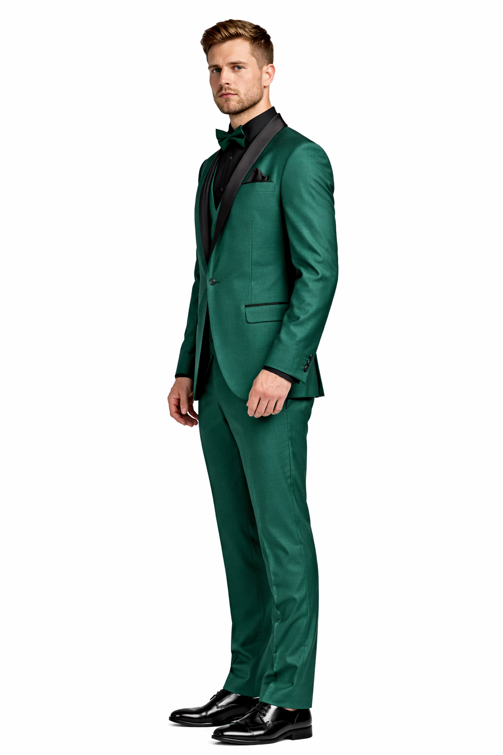 Mens Emerald Green Tuxedo with Black Satin Shawl Lapel – 3 Piece Formal Suit with Vest-New Designer Collection - 34 Short or Extra Small