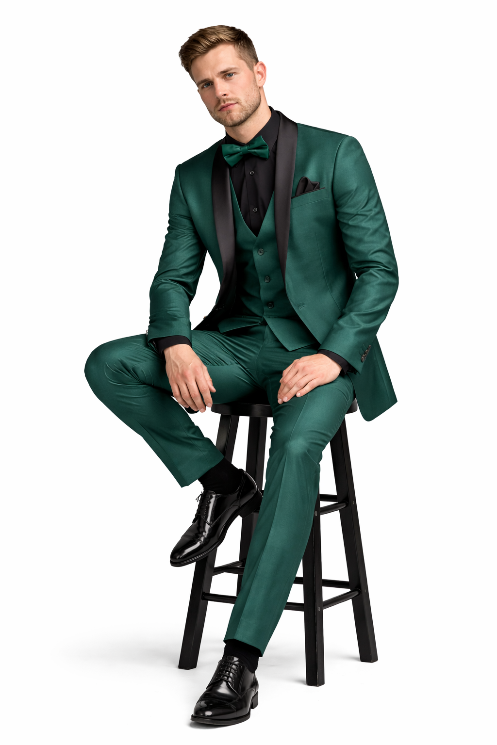 Mens Emerald Green Tuxedo with Black Satin Shawl Lapel – 3 Piece Formal Suit with Vest-New Designer Collection - 34 Short or Extra Small