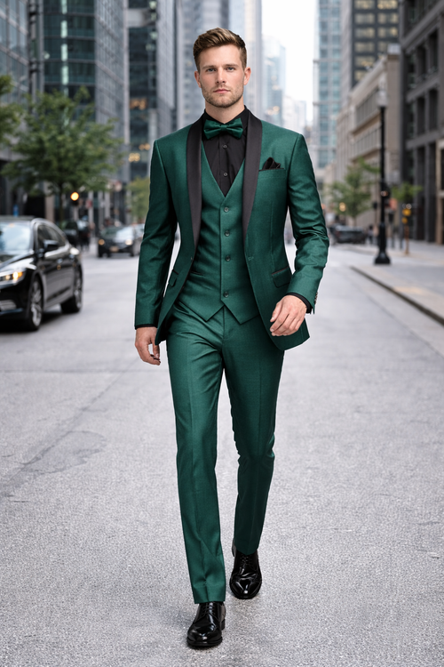 Mens Emerald Green Tuxedo with Black Satin Shawl Lapel 3 Piece Formal Suit with Vest-New Designer Collection