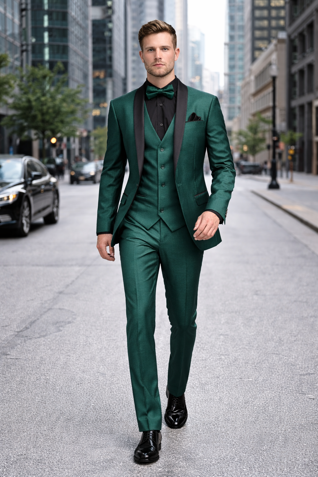 Mens Emerald Green Tuxedo with Black Satin Shawl Lapel – 3 Piece Formal Suit with Vest-New Designer Collection - 34 Short or Extra Small