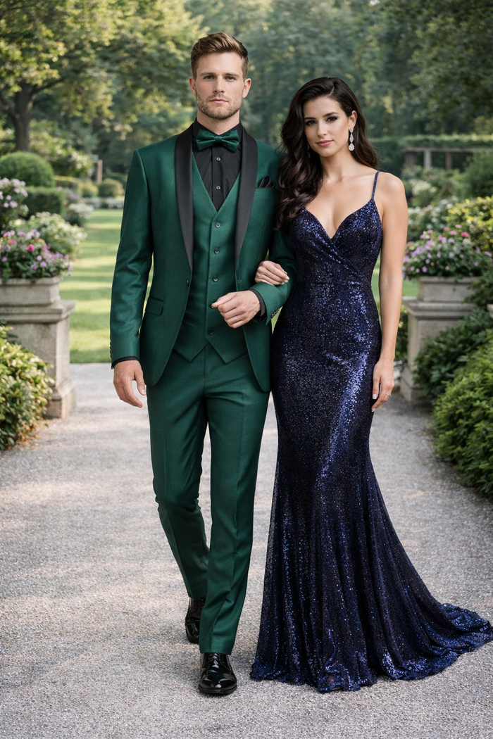 Mens Emerald Green Tuxedo with Black Satin Shawl Lapel 3 Piece Formal Suit with Vest-New Designer Collection