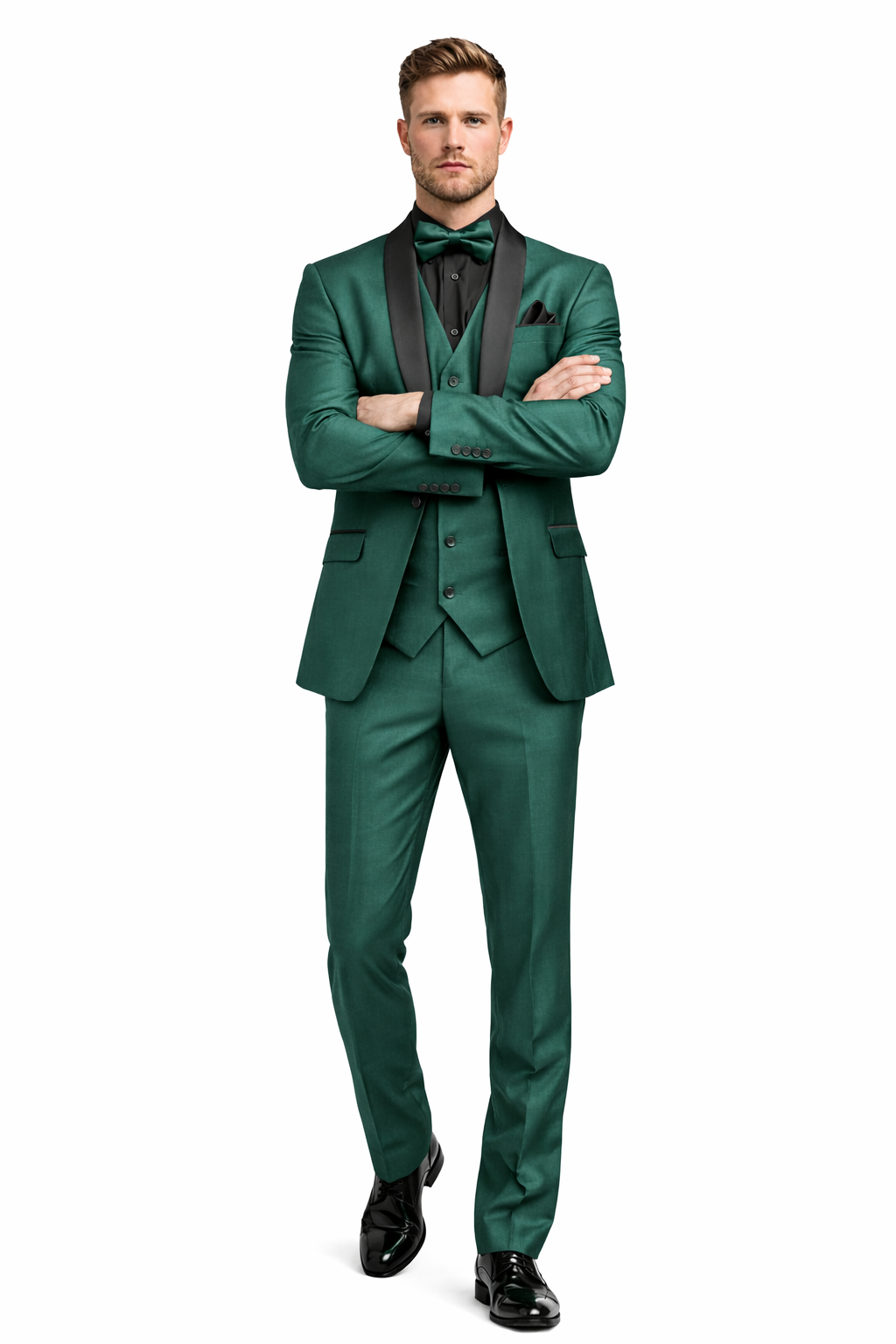 Mens Emerald Green Tuxedo with Black Satin Shawl Lapel – 3 Piece Formal Suit with Vest-New Designer Collection - 34 Short or Extra Small