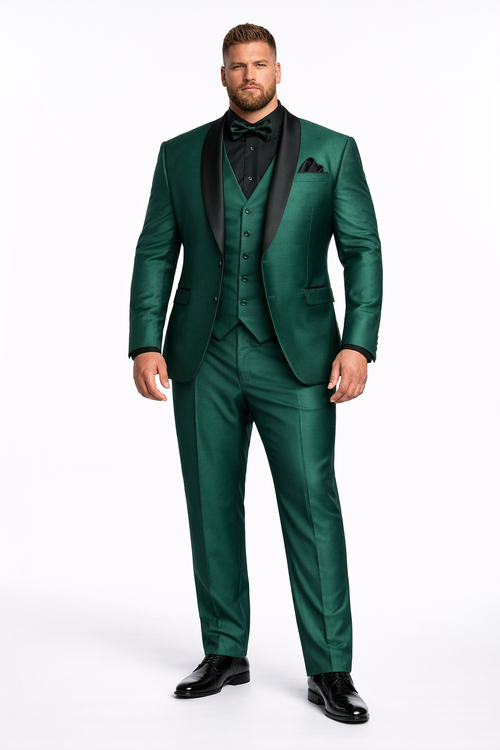 Mens Emerald Green Tuxedo with Black Satin Shawl Lapel 3 Piece Formal Suit with Vest-New Designer Collection