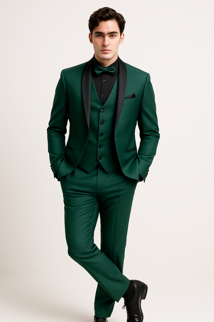 Mens Emerald Green Tuxedo with Black Satin Shawl Lapel  3 Piece Formal Suit with Vest green suits - New Arrival