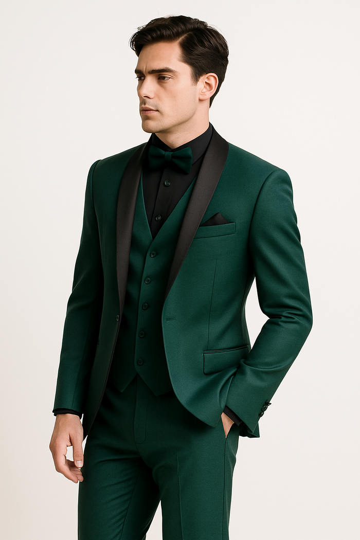Men's | Emerald Green Tuxedo with Black Satin Shawl Lapel 3 Piece Formal Suit with Vest Green suits