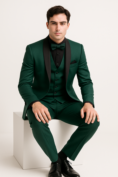 Mens Emerald Green Tuxedo with Black Satin Shawl Lapel  3 Piece Formal Suit with Vest green suits - New Arrival
