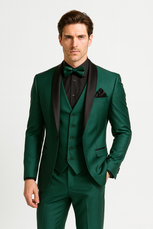 Mens Emerald Green Tuxedo with Black Satin Shawl Lapel – 3 Piece Formal Suit with Vest green suits - New Arrival