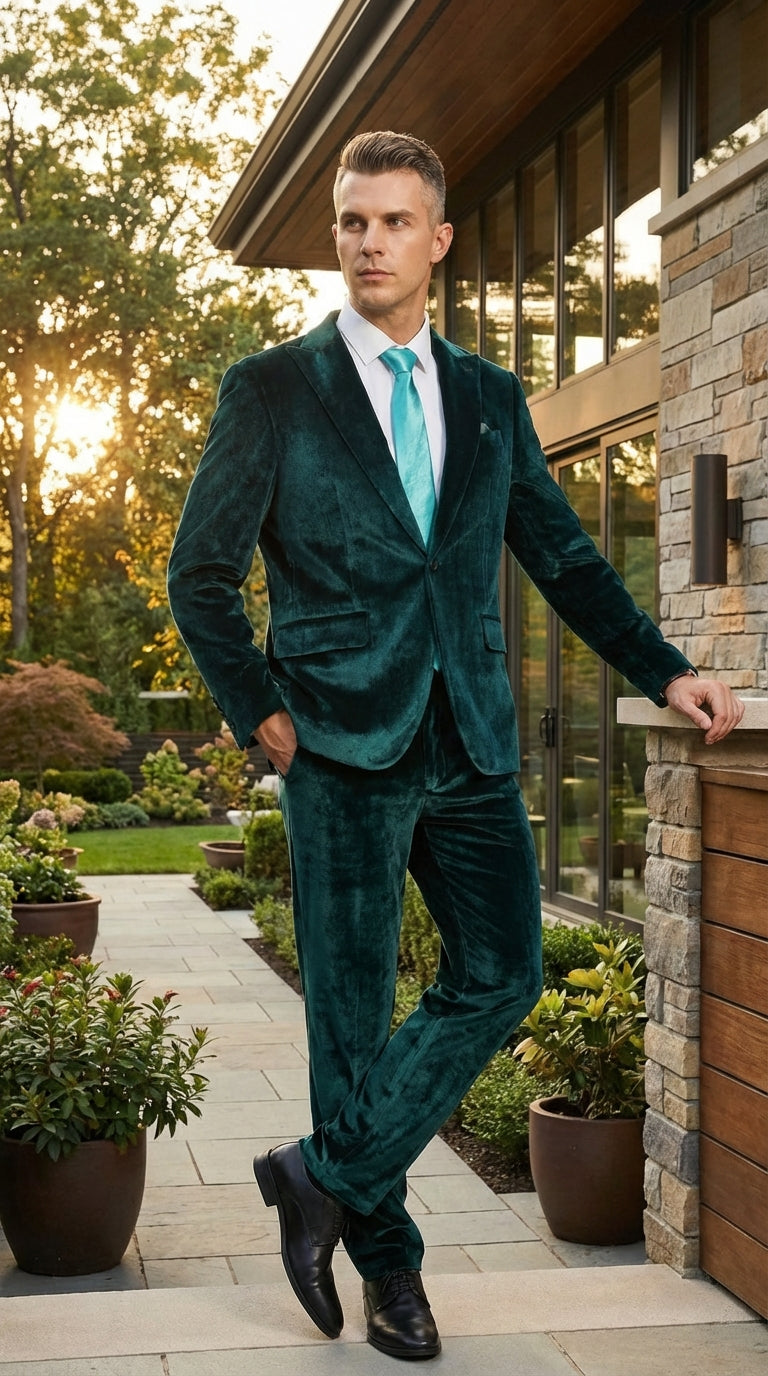 Mens Emerald Green Teal Blue Velvet Suit – Luxury Two Piece Formal Evening Suit - 34 Short or Extra Small