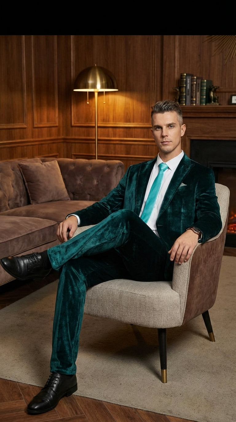 Mens Emerald Green Teal Blue Velvet Suit – Luxury Two Piece Formal Evening Suit - 34 Short or Extra Small