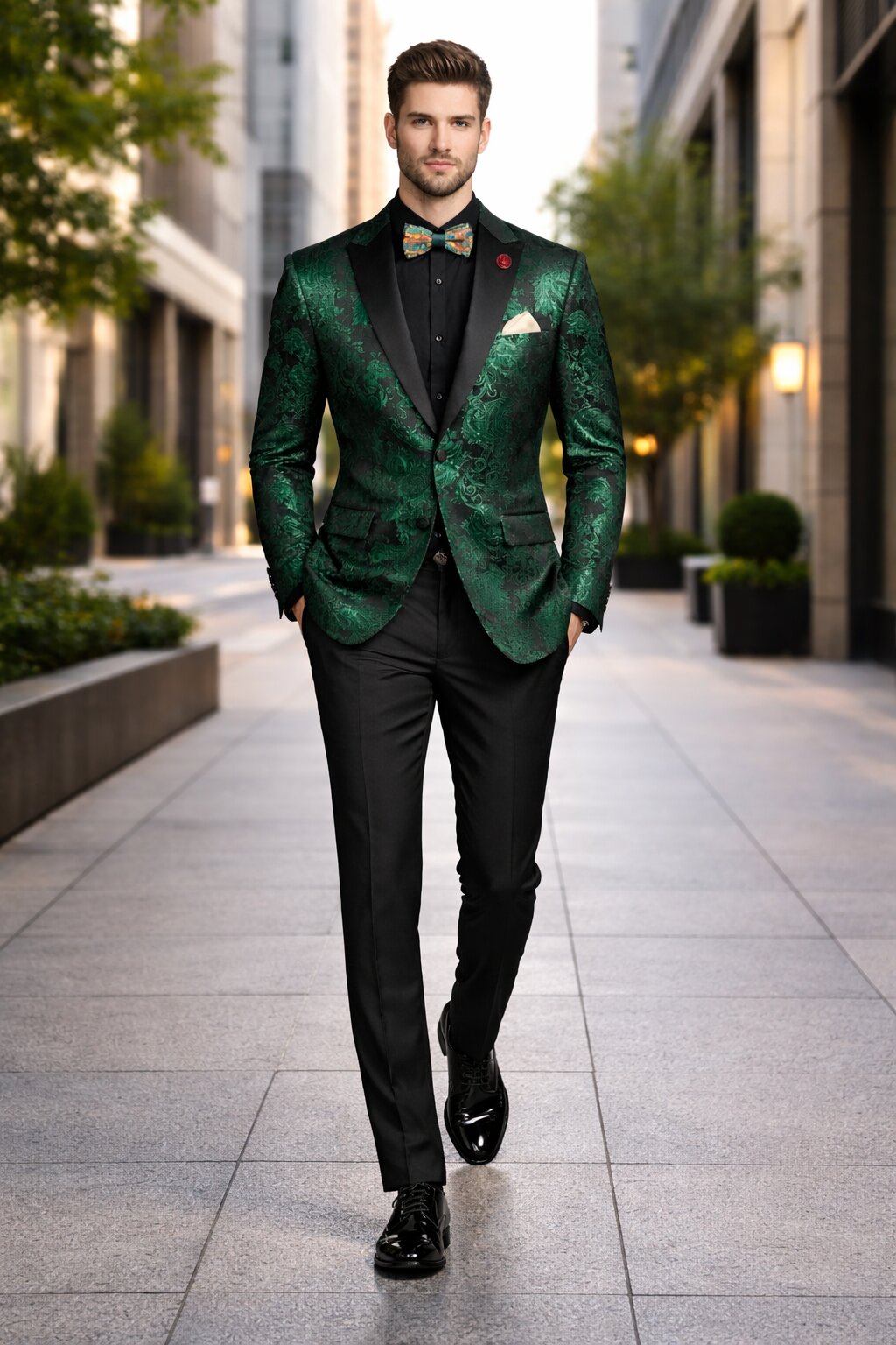 Emerald Green Paisley Tuxedo Suit - Prom Floral Tuxedo Suit - Groom Wedding Suit - 44 Regular