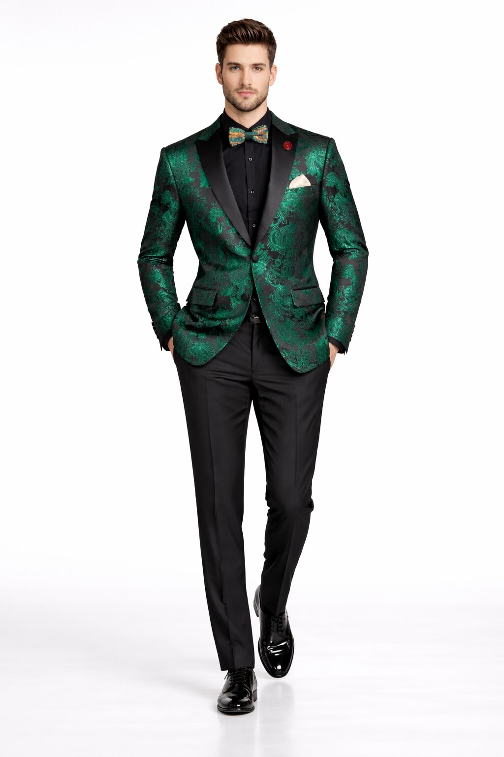 Emerald Green Paisley Tuxedo Suit - Prom Floral Tuxedo Suit - Groom Wedding Suit - 44 Regular