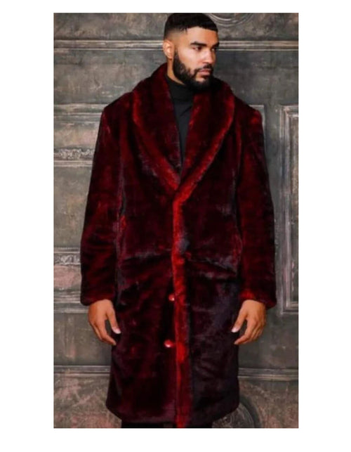 Mens Fashion Burgundy Black Faux Fur Overcoat