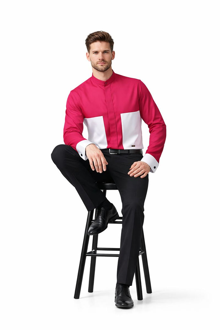 Men's Fashion Hidden Button French Cuff Mandarin Collarless Preacher Round Style Men's Dress Shirt-New Designer Collection
