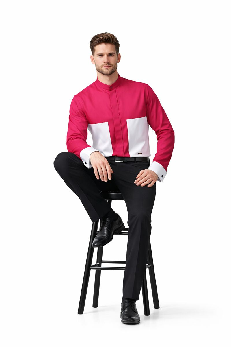 Men's Fashion Hidden Button French Cuff Mandarin Collarless Preacher Round Style Men's Dress Shirt-New Designer Collection