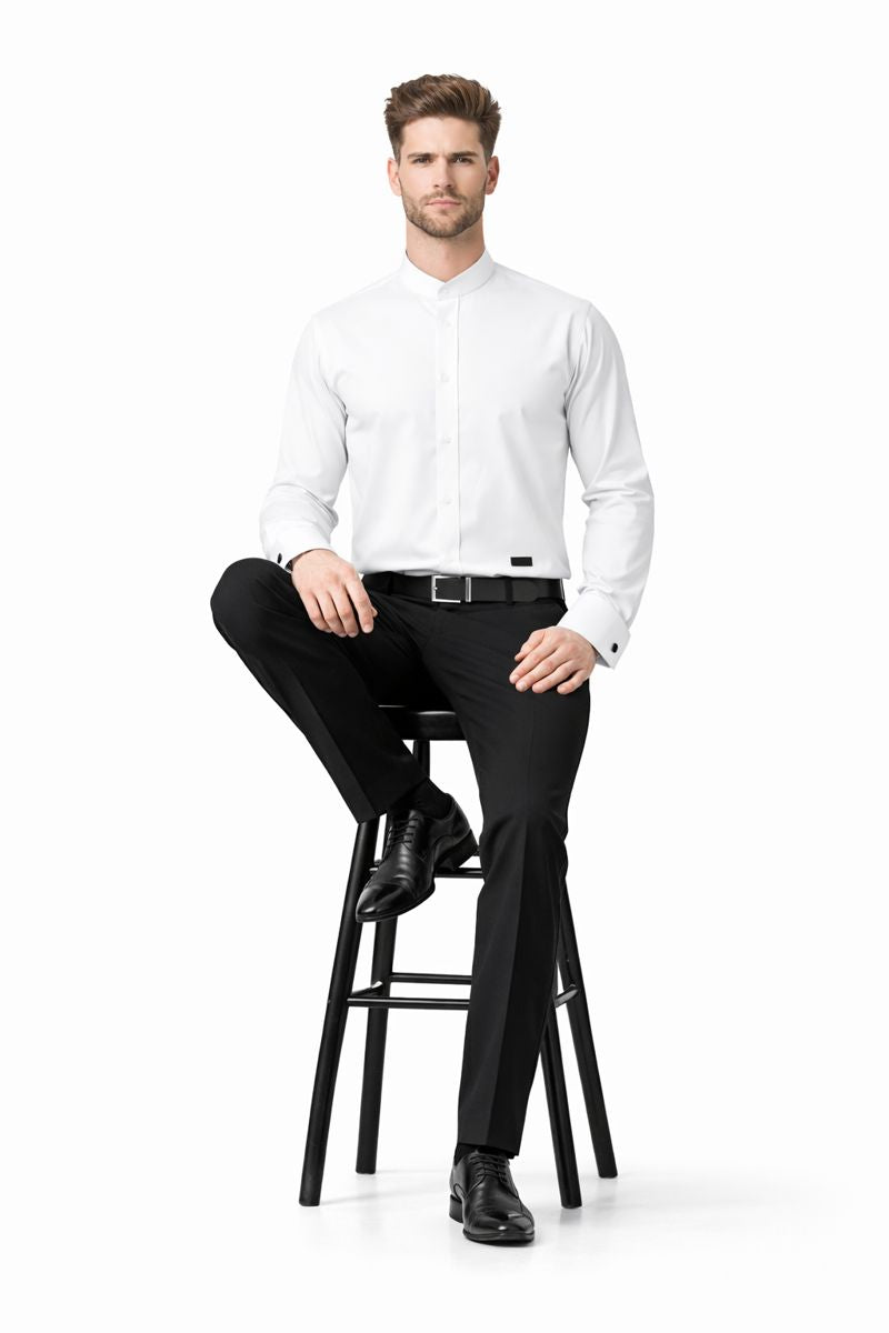 Men's Fashion Hidden Button French Cuff Mandarin Collarless Preacher Round Style Men's Dress Shirt-New Designer Collection