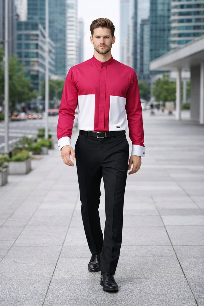 Men's Fashion Hidden Button French Cuff Mandarin Collarless Preacher Round Style Men's Dress Shirt-New Designer Collection
