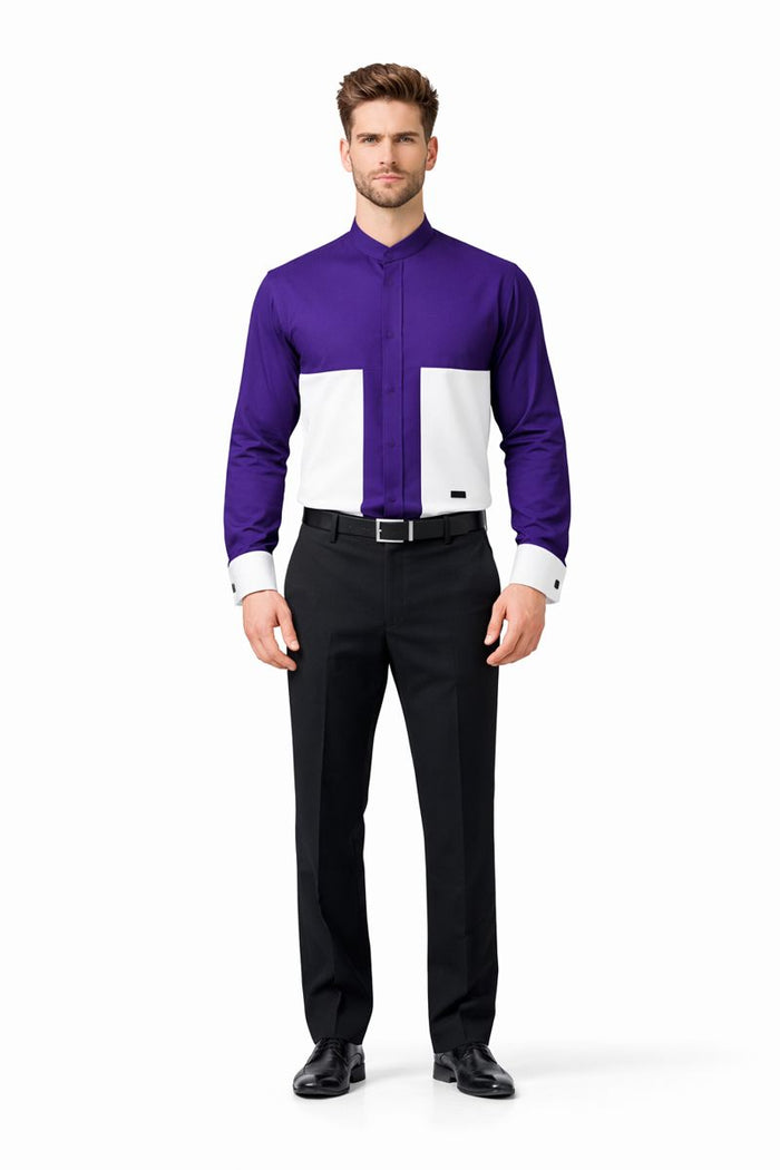 Men's Fashion Hidden Button French Cuff Mandarin Collarless Preacher Round Style Men's Dress Shirt-New Designer Collection