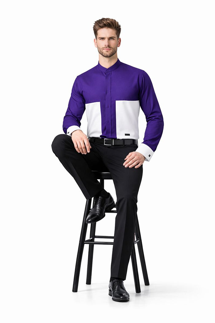 Men's Fashion Hidden Button French Cuff Mandarin Collarless Preacher Round Style Men's Dress Shirt-New Designer Collection