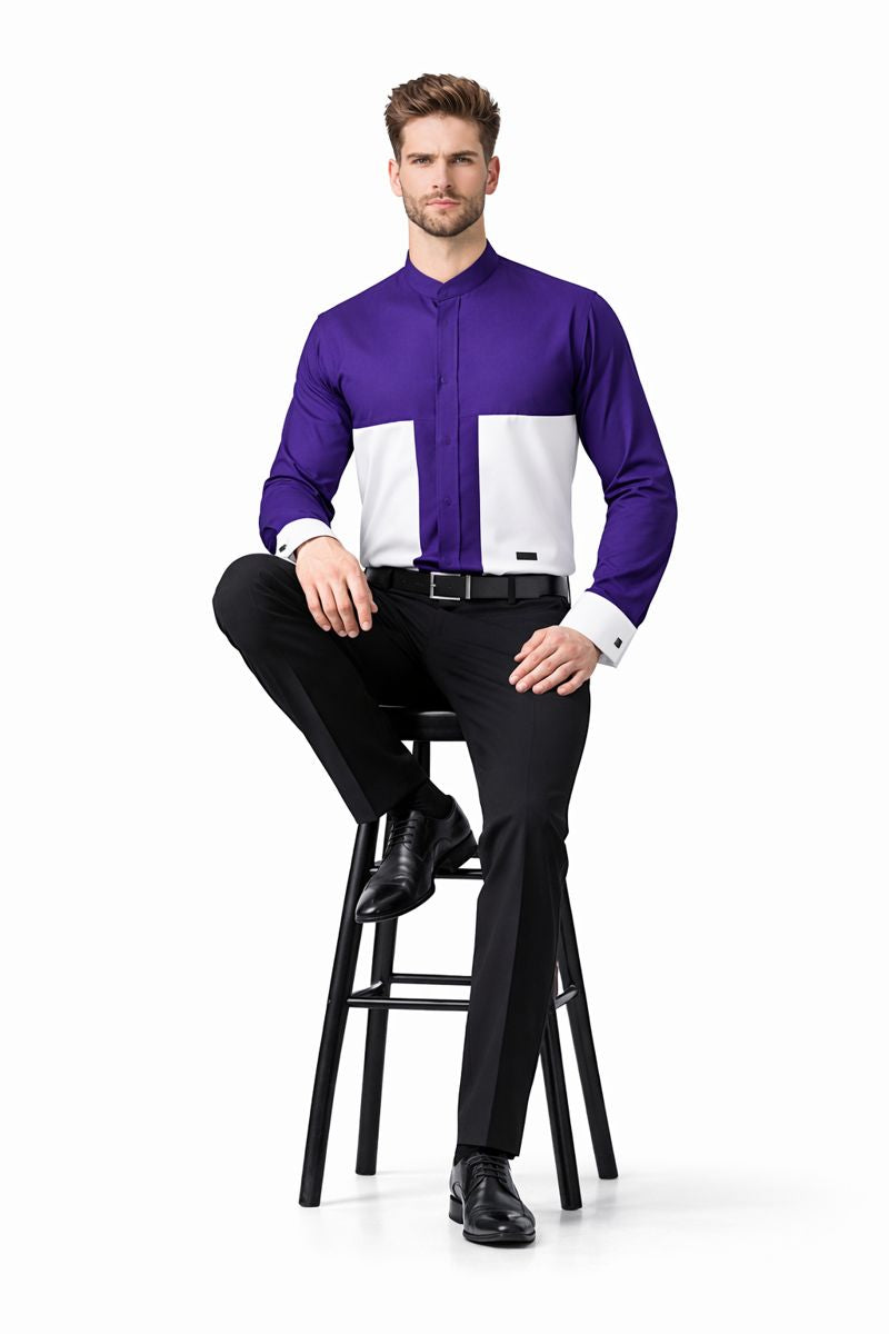 Men's Fashion Hidden Button French Cuff Mandarin Collarless Preacher Round Style Men's Dress Shirt-New Designer Collection