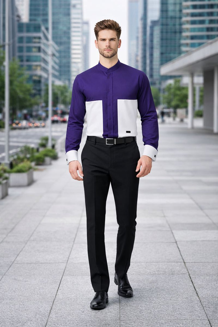 Men's Fashion Hidden Button French Cuff Mandarin Collarless Preacher Round Style Men's Dress Shirt-New Designer Collection
