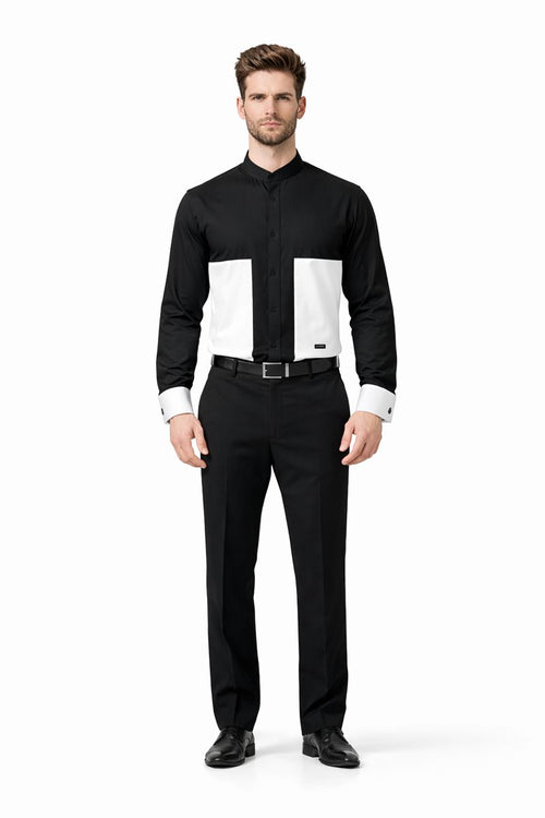 Men's Fashion Hidden Button French Cuff Mandarin Collarless Preacher Round Style Men's Dress Shirt-New Designer Collection